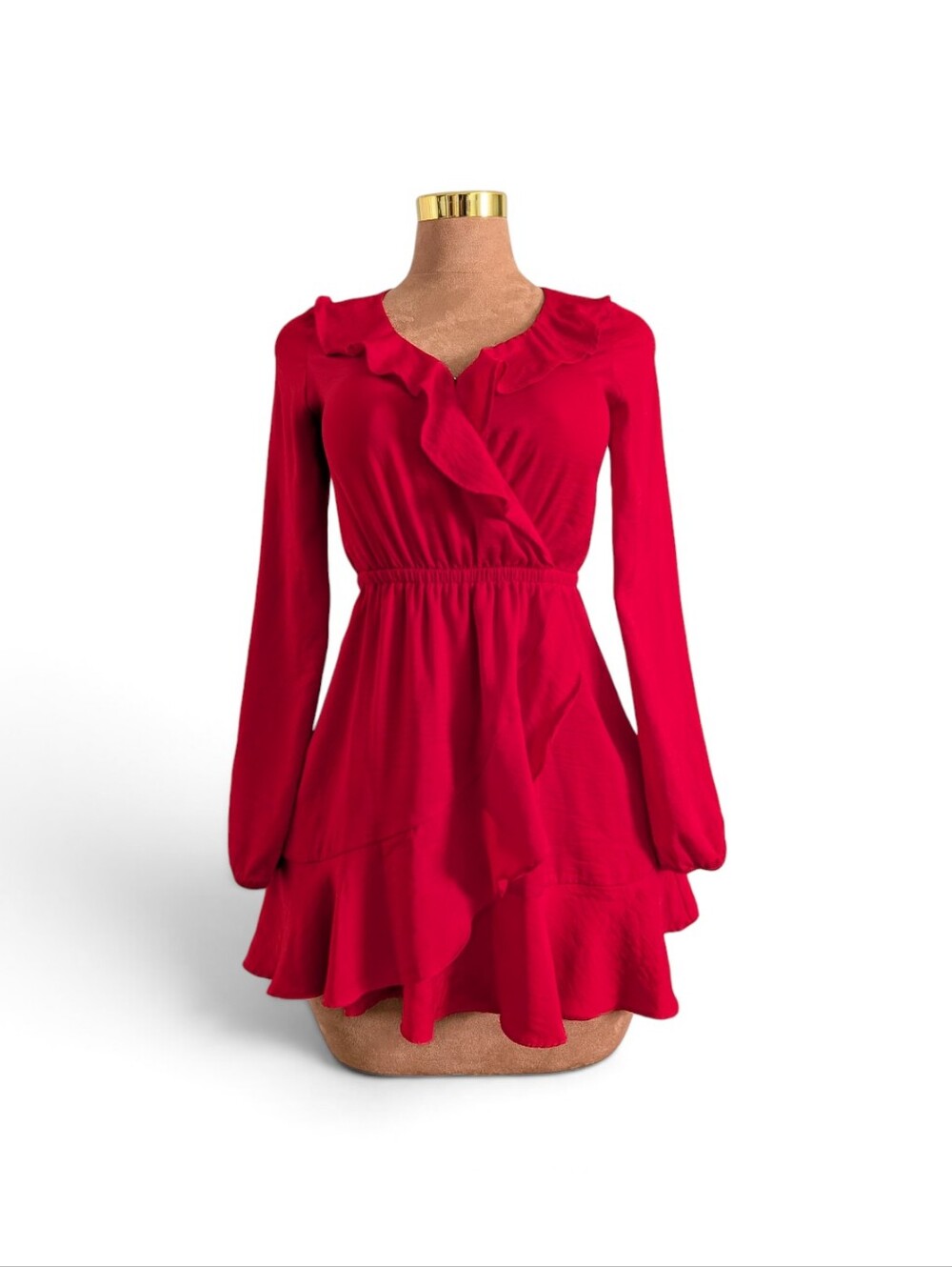Express Red Wrap Ruffle Long Sleeve Dress